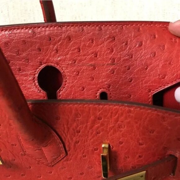 Authentic RARE HERMES Hac Birkin 32 bag Ostrich leather Rouge Vif red - Picture 7 of 11